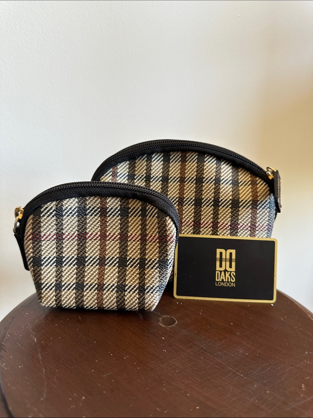 DAKS London Plaid Zip Pouch Duo - Beige, Brown, Black